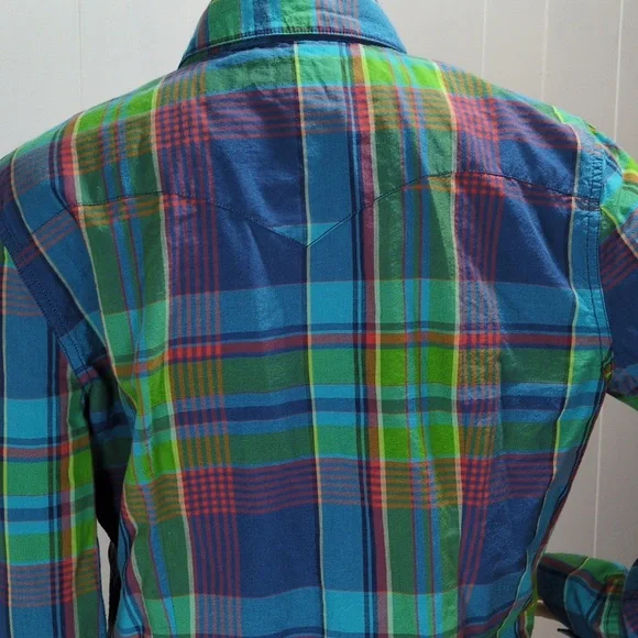 Ralph Lauren Colorful Green & Blue Plaid Snap Button-Up Shirt Large - Picture 7 of 11